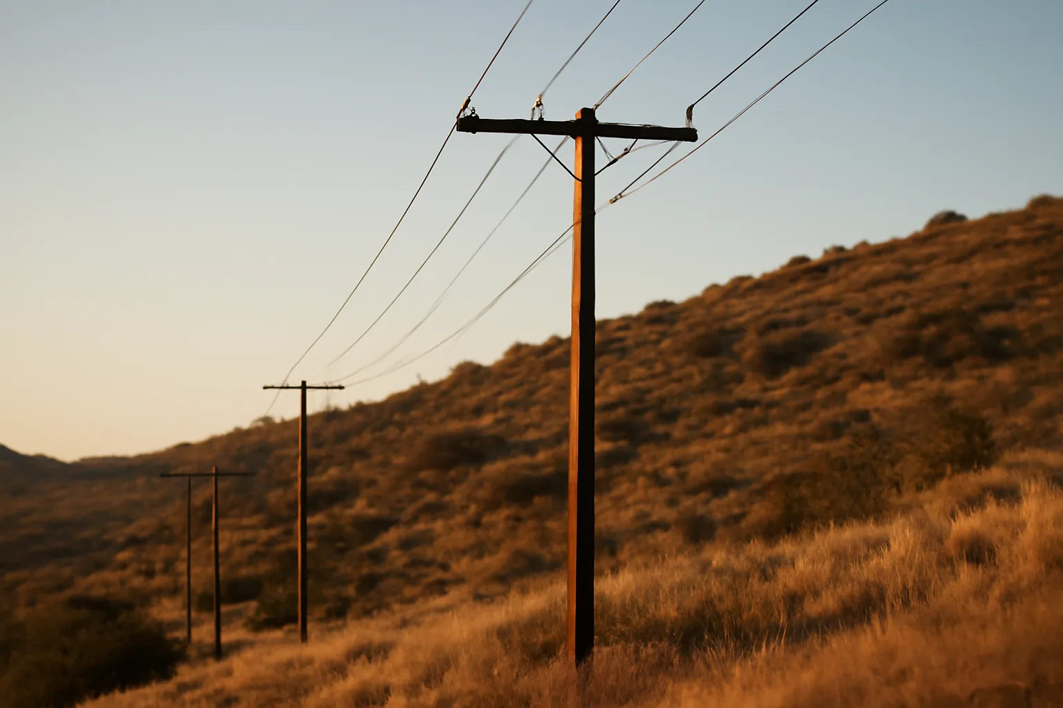 Insulated utility power line running along a dry chaparral hillside at sunset