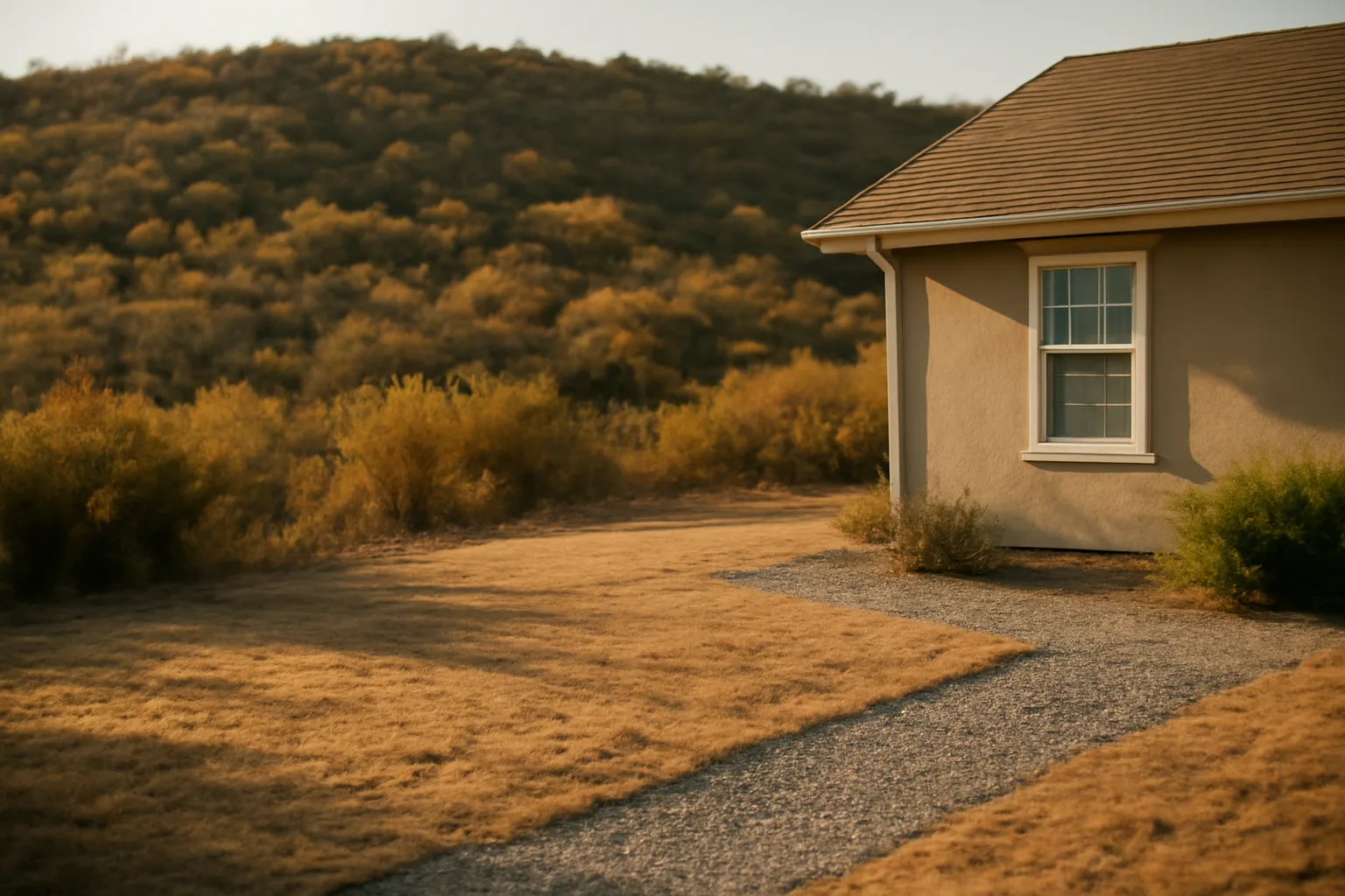 Cleared gravel buffer between a hillside home and dense wildland brush at dusk