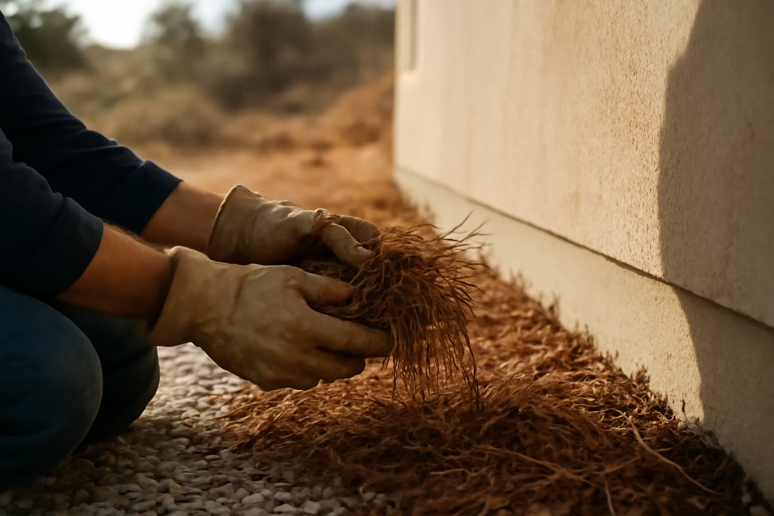 Homeowner clearing debris from the defensible space zone next to a house foundation