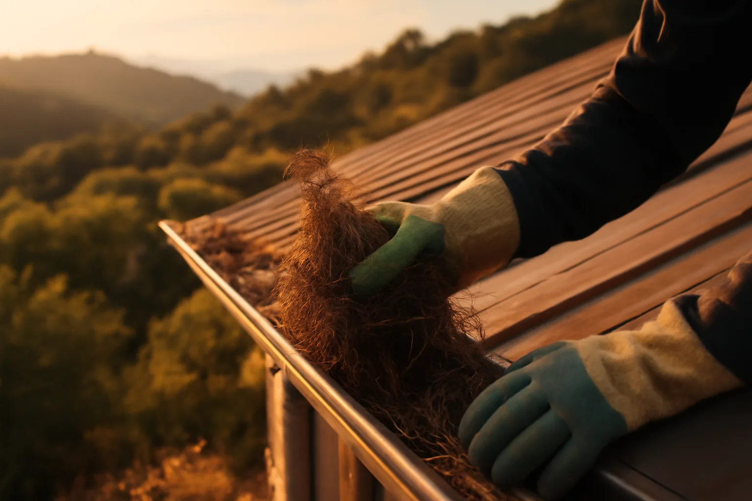 homeowner clearing gutters near dry brush hillside for wildfire defensible space