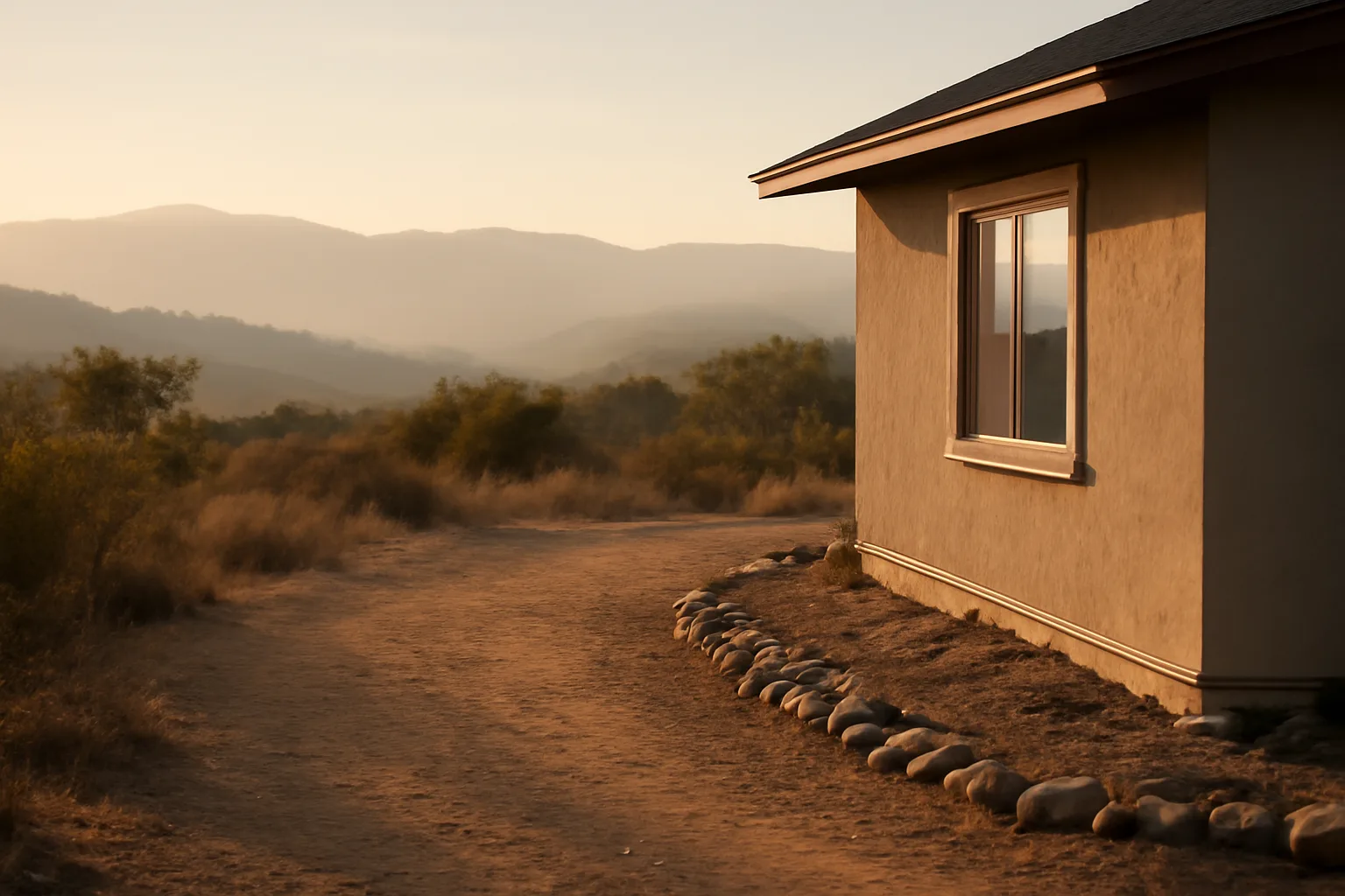 Home with defensible space clearing showing gravel buffer and thinned brush on a hillside lot