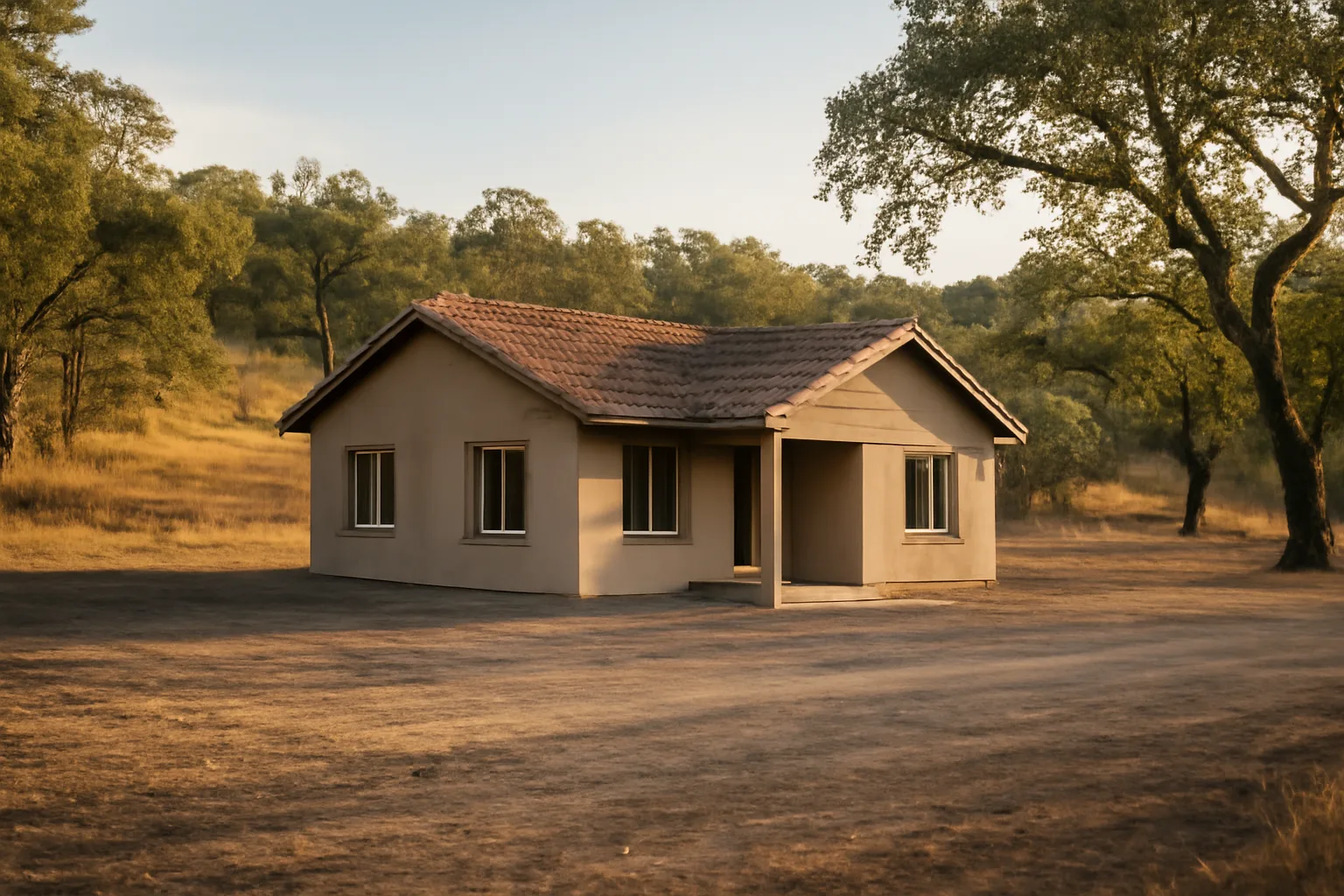 Cleared defensible space zone around a Redding, CA home with thinned trees