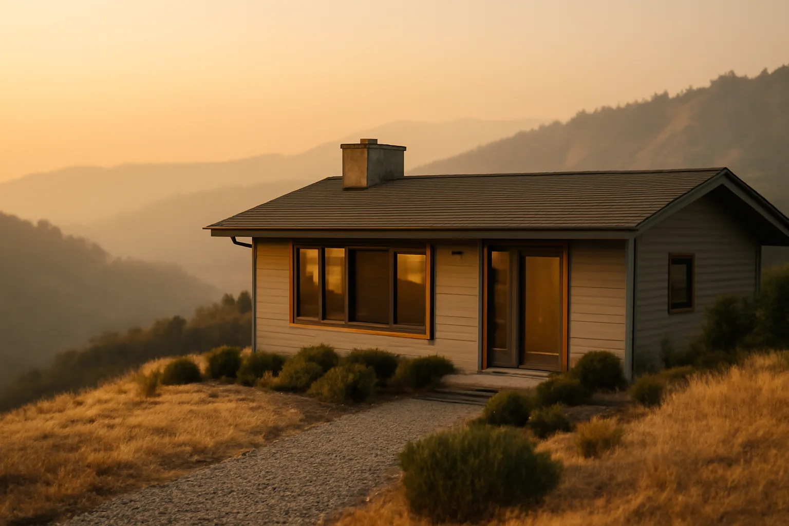 Home with cleared gravel zone against foundation, trimmed shrubs, and distant wildfire smoke on hillside