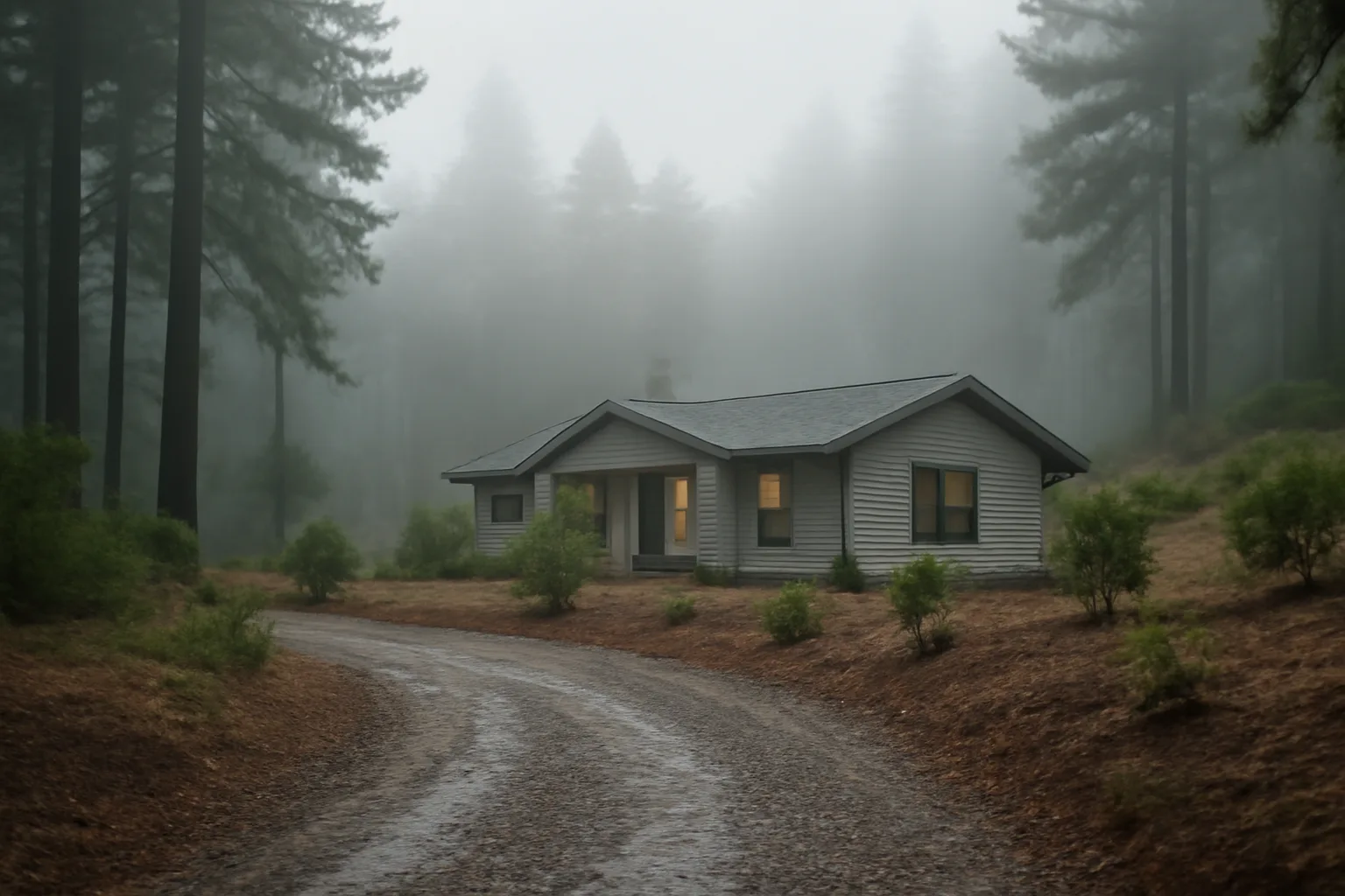 Cleared defensible space around a fog-shrouded home near Eureka, California