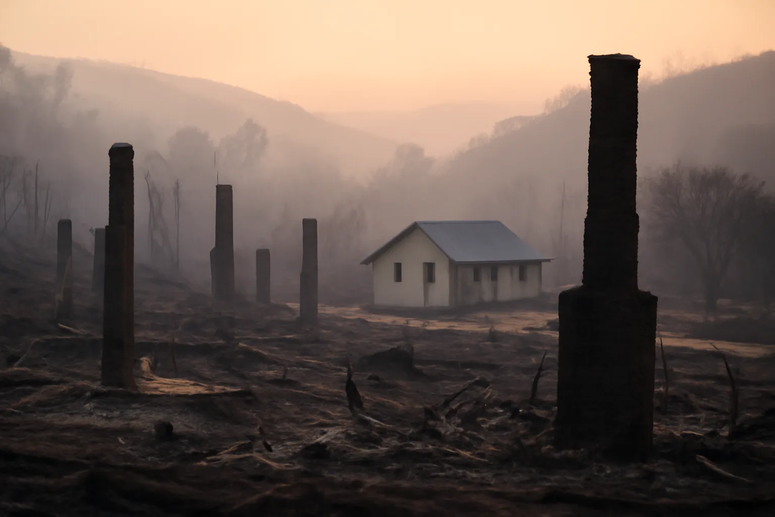 Burned neighborhood with one intact hardened home showing defensible space survived wind-driven fire