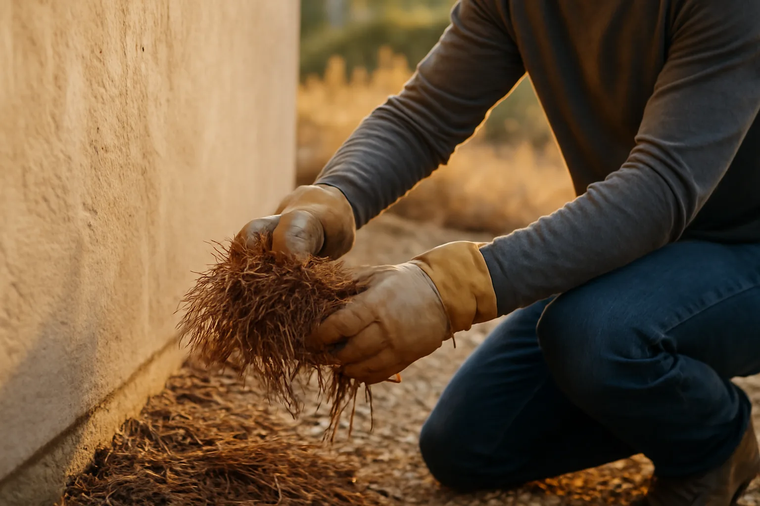 Homeowner clearing dry mulch from the five-foot zone next to a house for fire mitigation