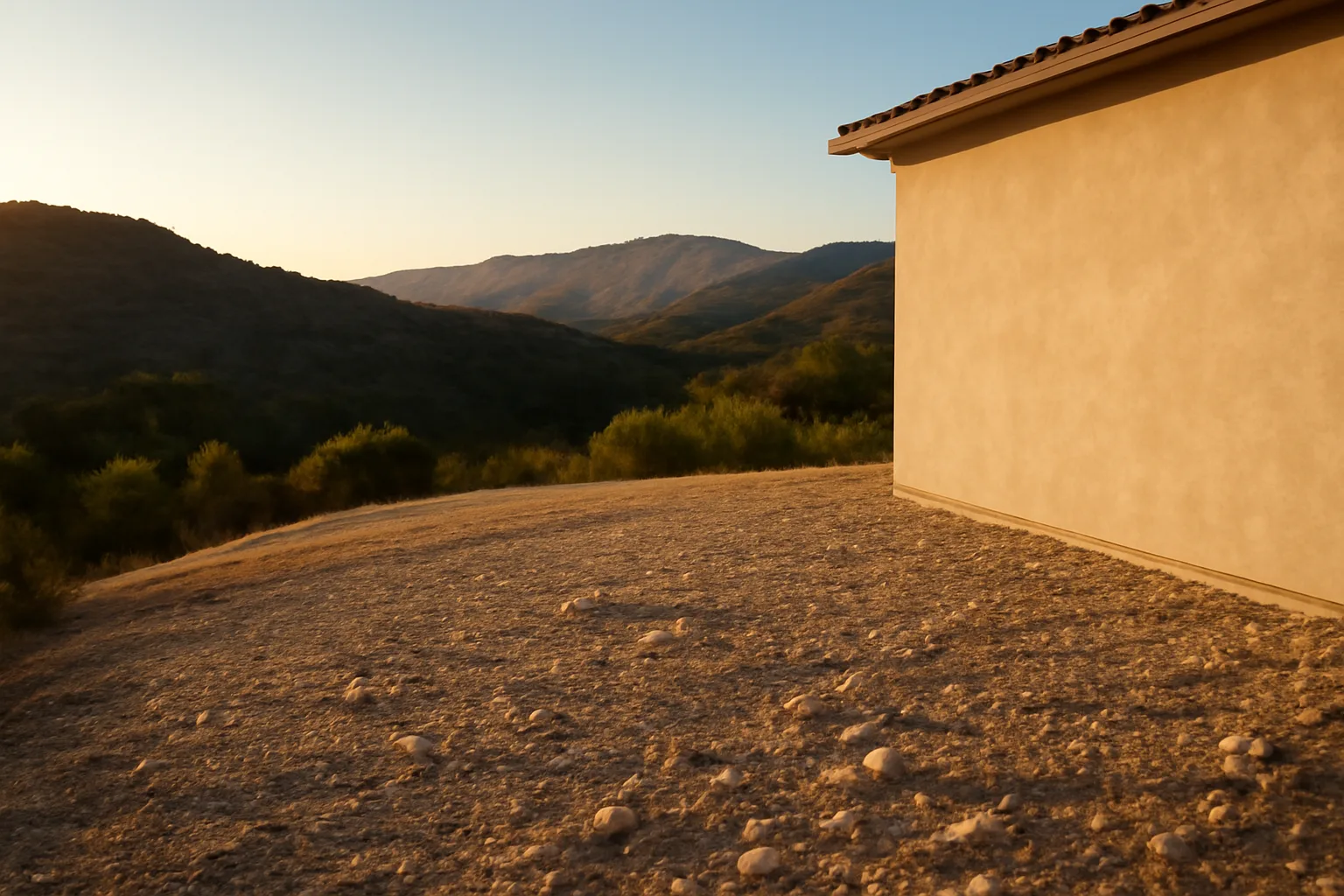 Cleared defensible space zone around a home before wildfire season with chaparral hills behind
