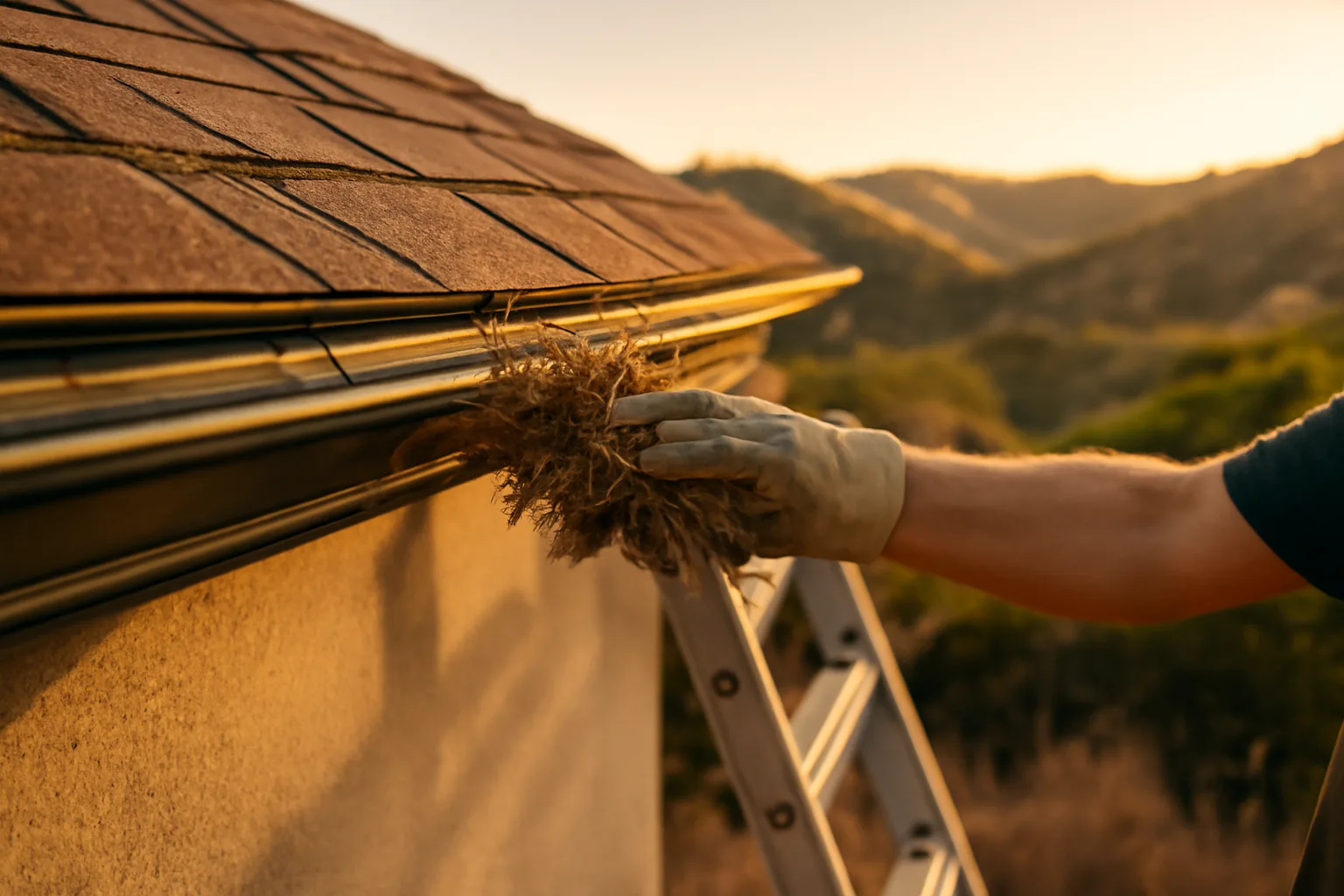 Homeowner clearing gutter debris near hillside home as part of fire prevention protection