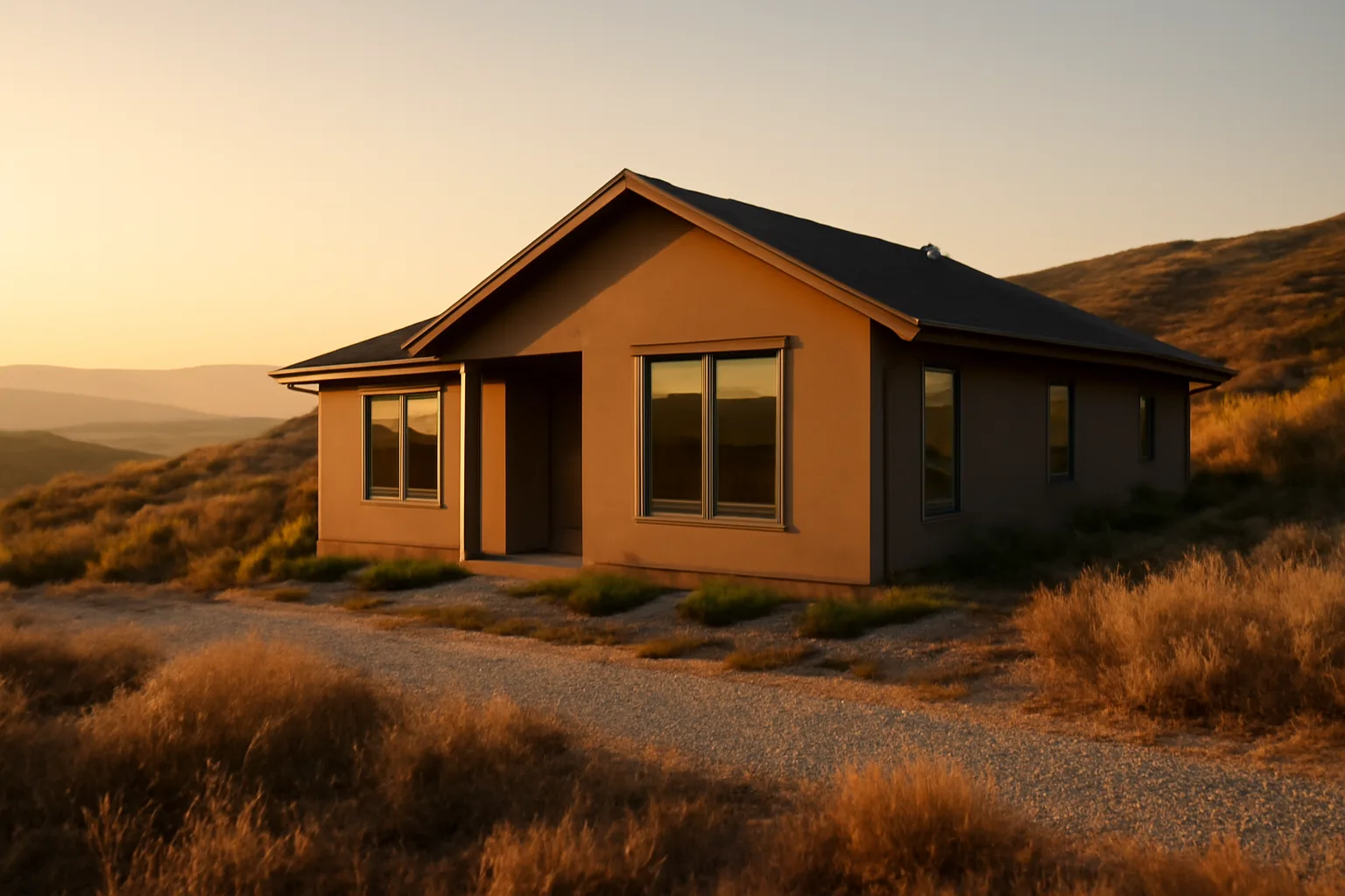Home with cleared gravel defensible space buffer against dry wildland hillside brush