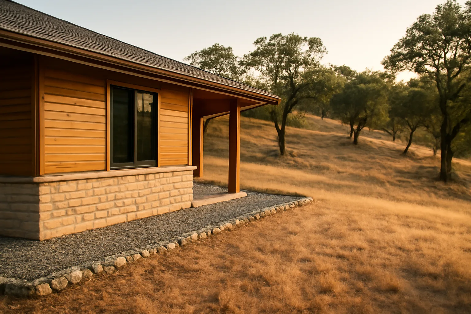 Home with defensible space zones of gravel, mowed grass, and thinned trees on a hillside