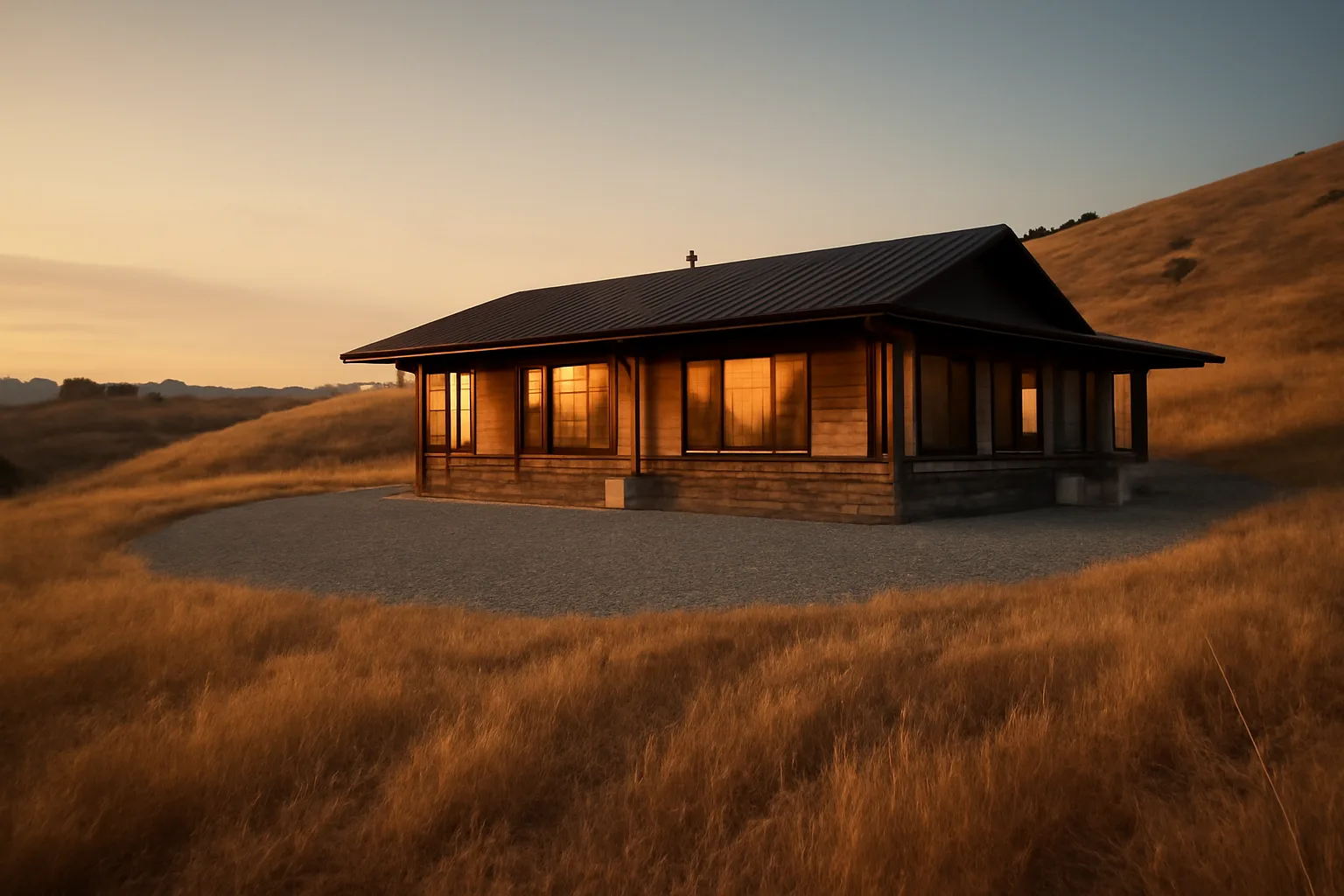 Home with cleared defensible space buffer against dry hillside grass at dusk