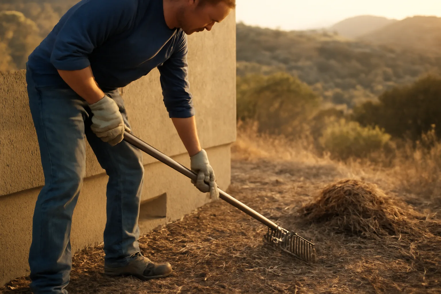 Homeowner clearing dry brush near house foundation to prevent wildfire ignition