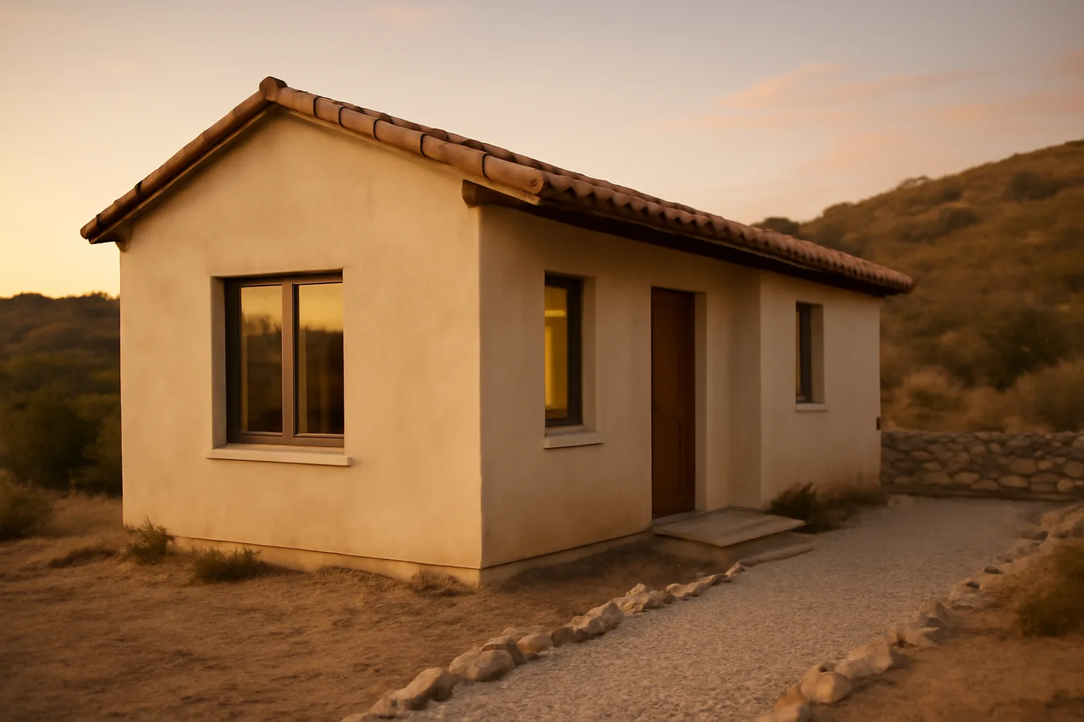 Cleared defensible space zone around a house with chaparral hillside in the background
