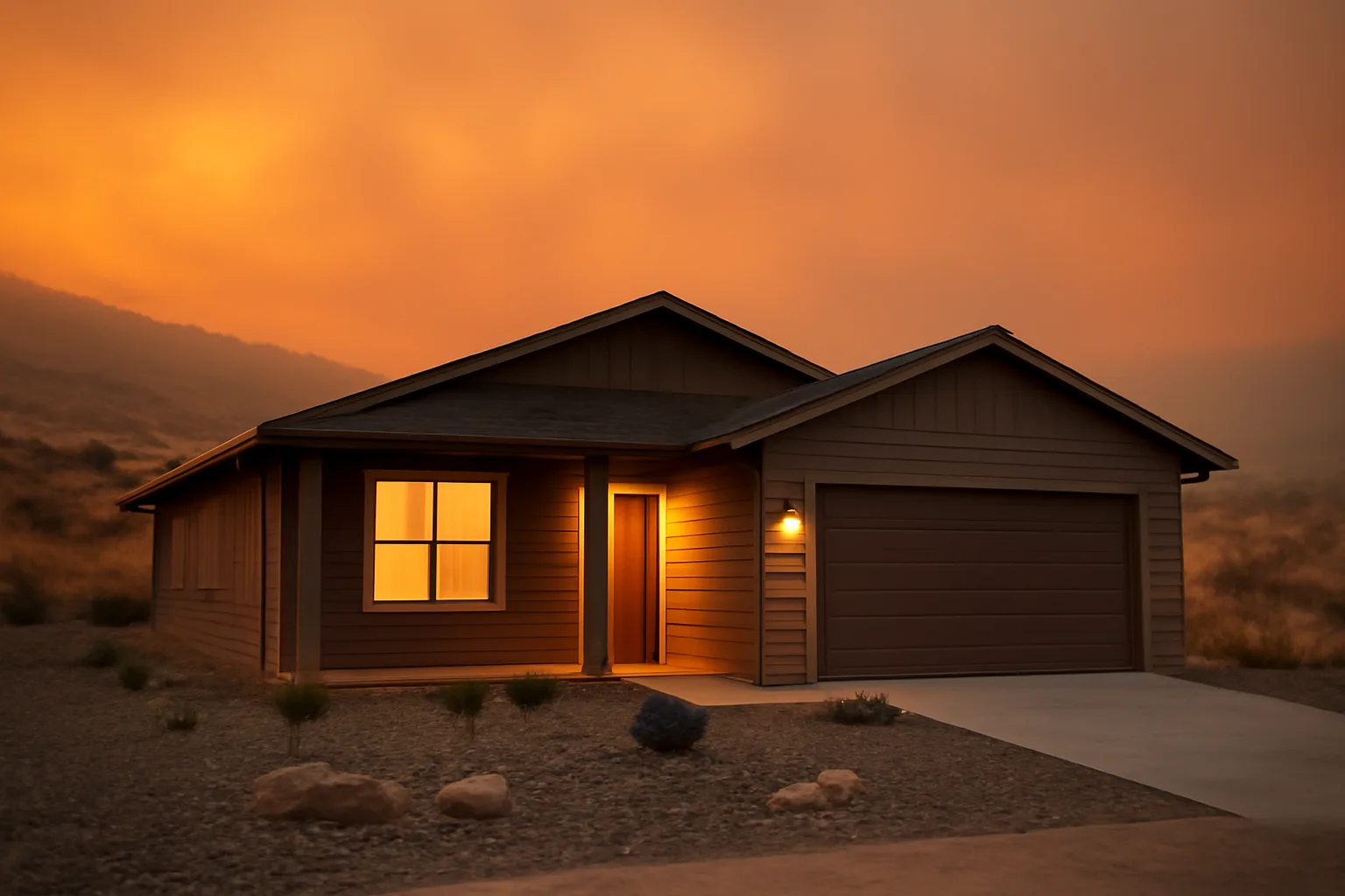 Home with cleared defensible space against dry hillside brush at dusk