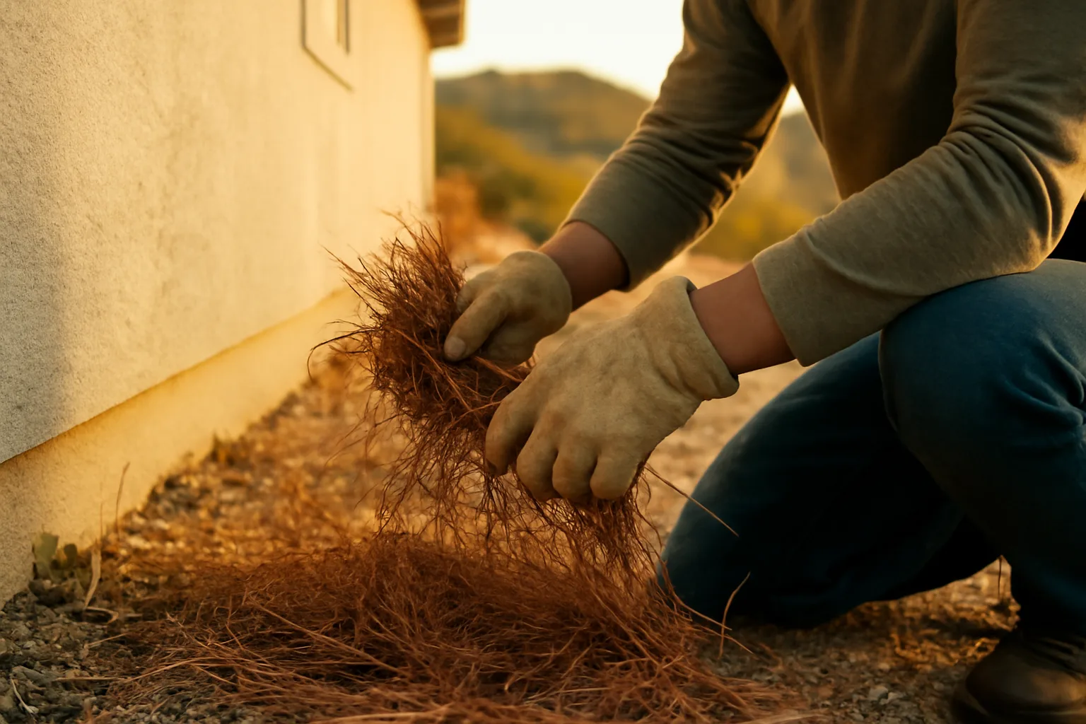 Homeowner clearing dry brush near a house to prevent forest fires spreading