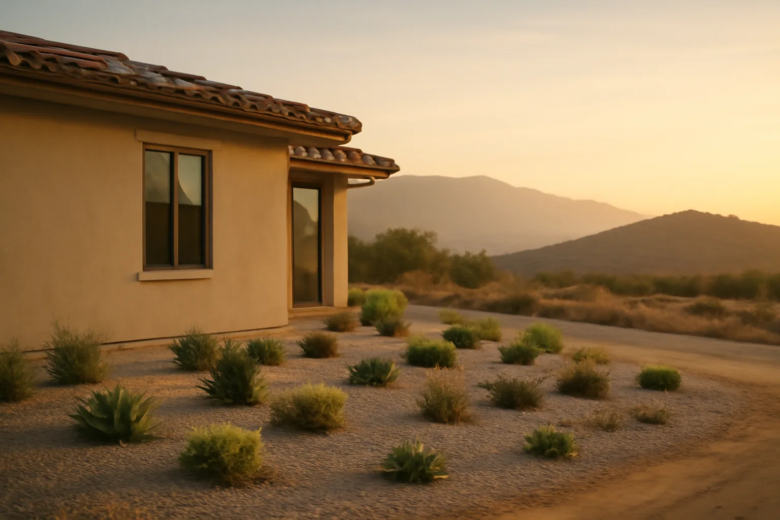 Cleared defensible space zone with gravel and low plants around a house at dusk