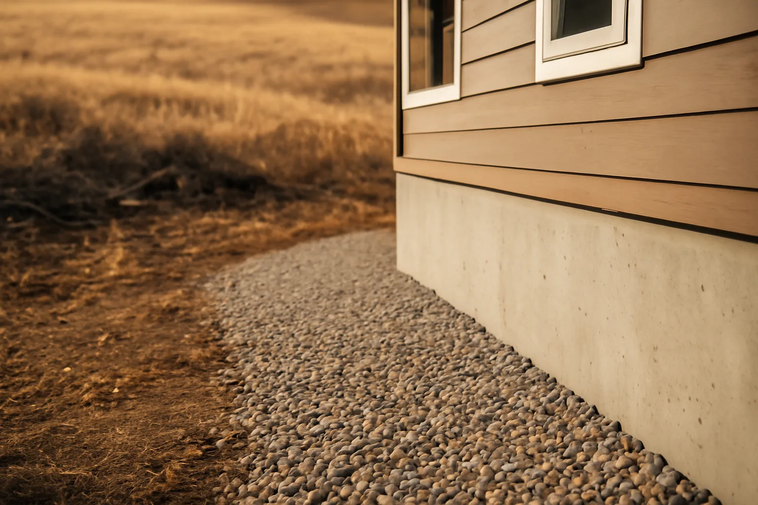 Home foundation with gravel defensible space zone and cleared dry hillside beyond