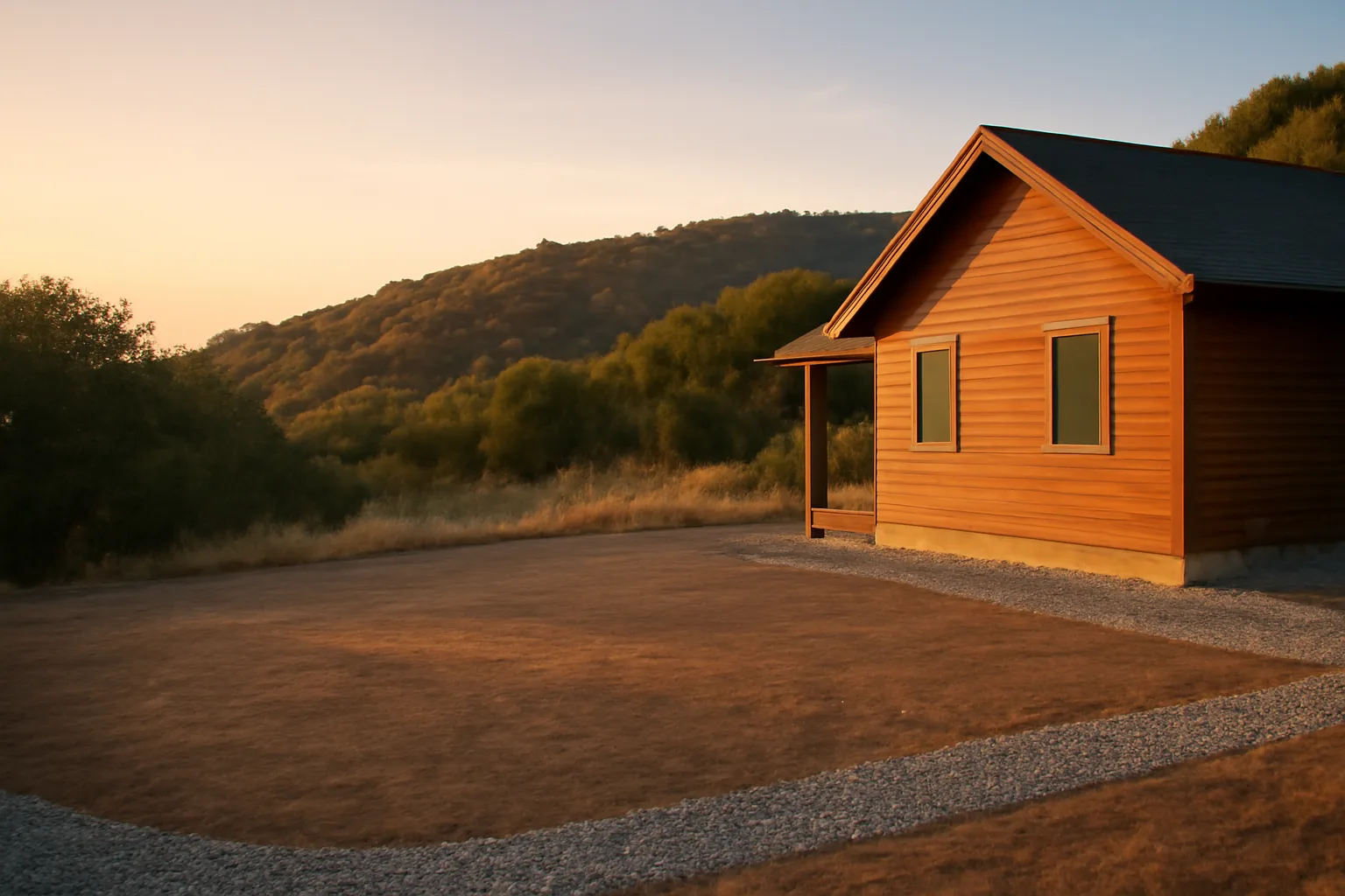 Cleared gravel defensible space zone around a home with chaparral hillside behind it