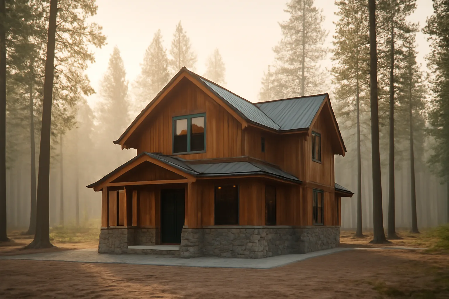 Mountain home near Tahoe Donner with cleared defensible space and spaced pine trees at dawn