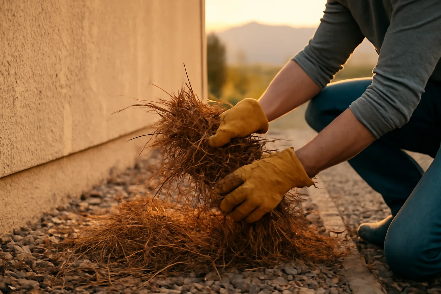 Homeowner clearing brush near house foundation to mitigate wildfire risk