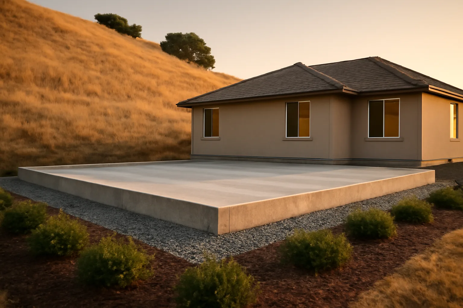 Cleared gravel and low shrub perimeter around a home showing defensible space zone 1