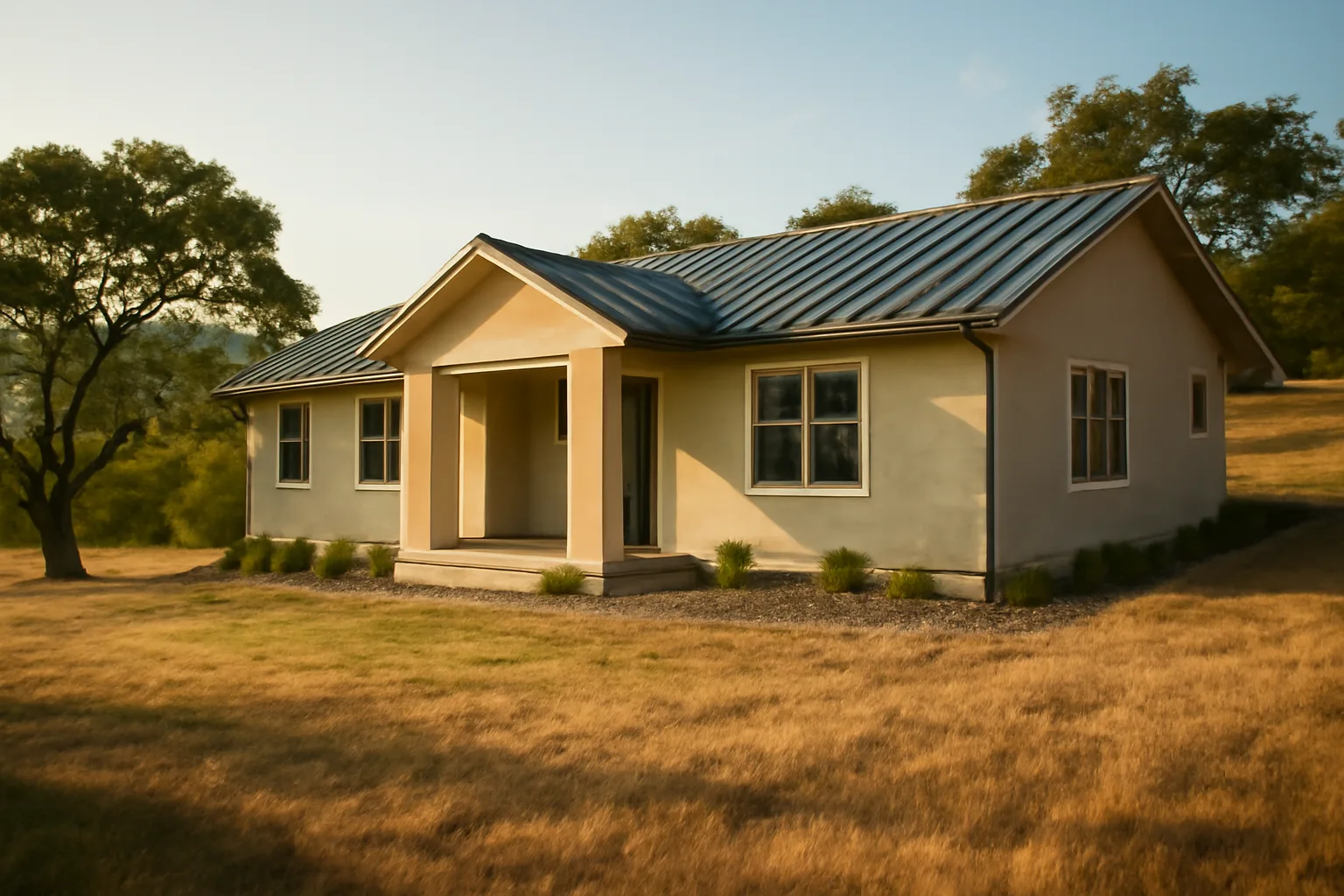 Home with gravel defensible space zone and metal roof demonstrating wildfire mitigation examples
