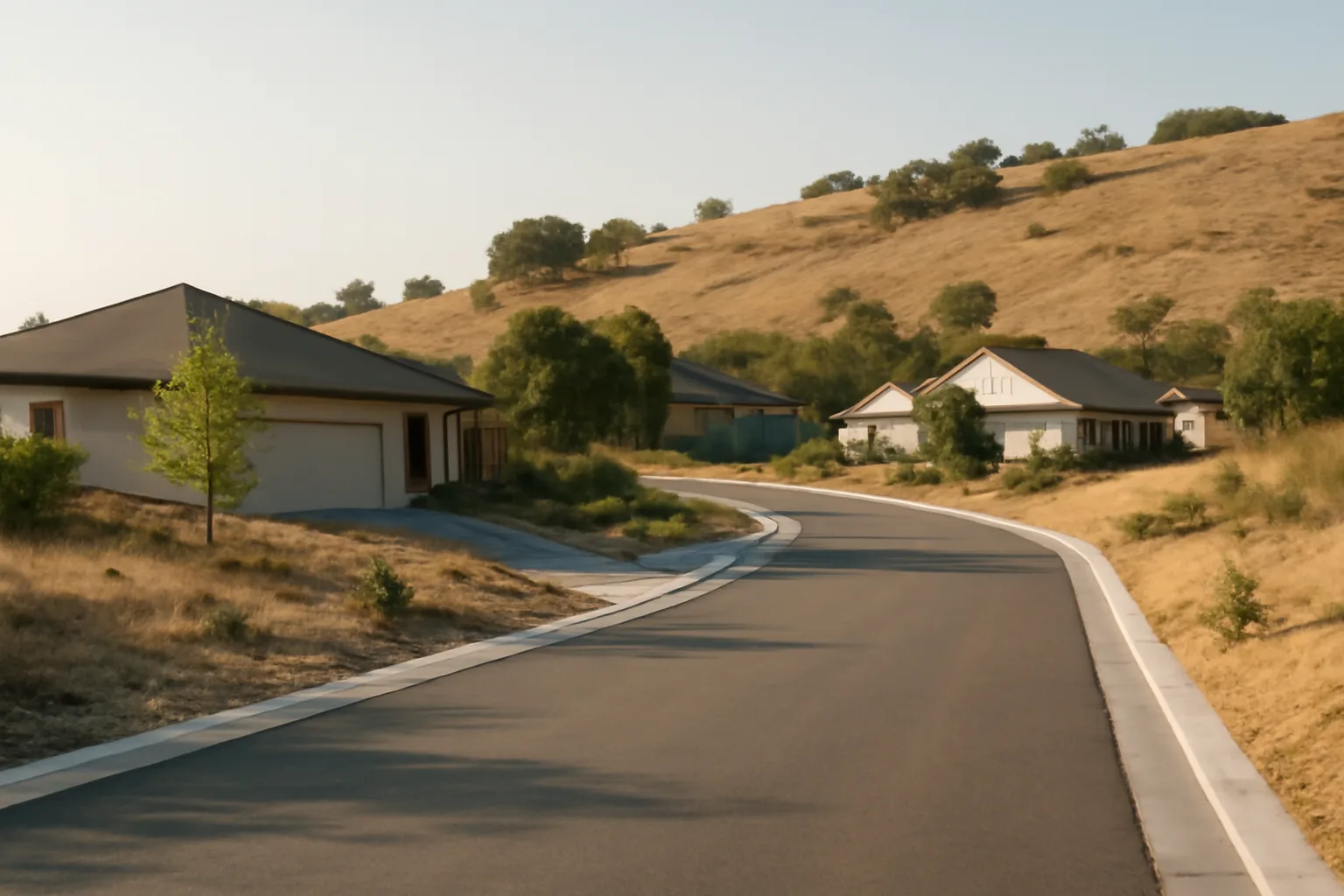 Suburban hillside homes with cleared defensible space zones against dry wildland grass