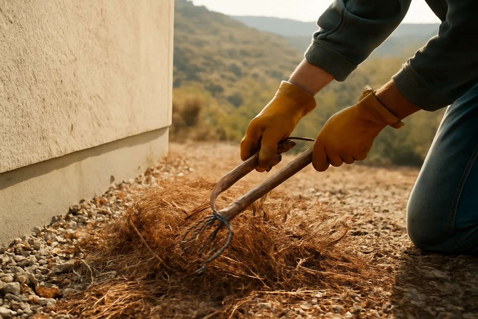 Homeowner clearing brush in the defensible space zone near a hillside house