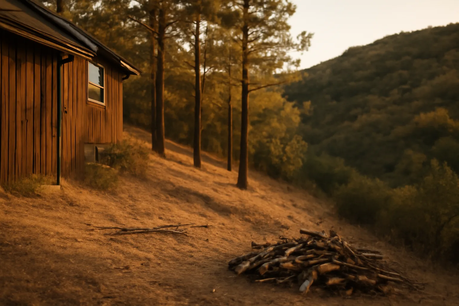 Thinned trees and cleared brush creating defensible space near a foothill home