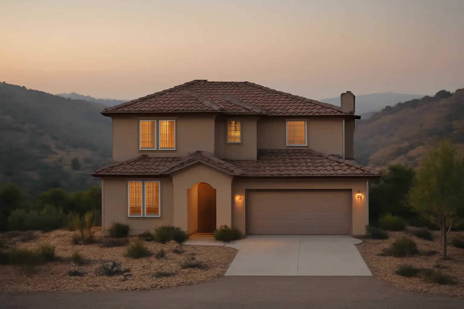 House on a chaparral hillside with cleared defensible space against a smoky dusk sky