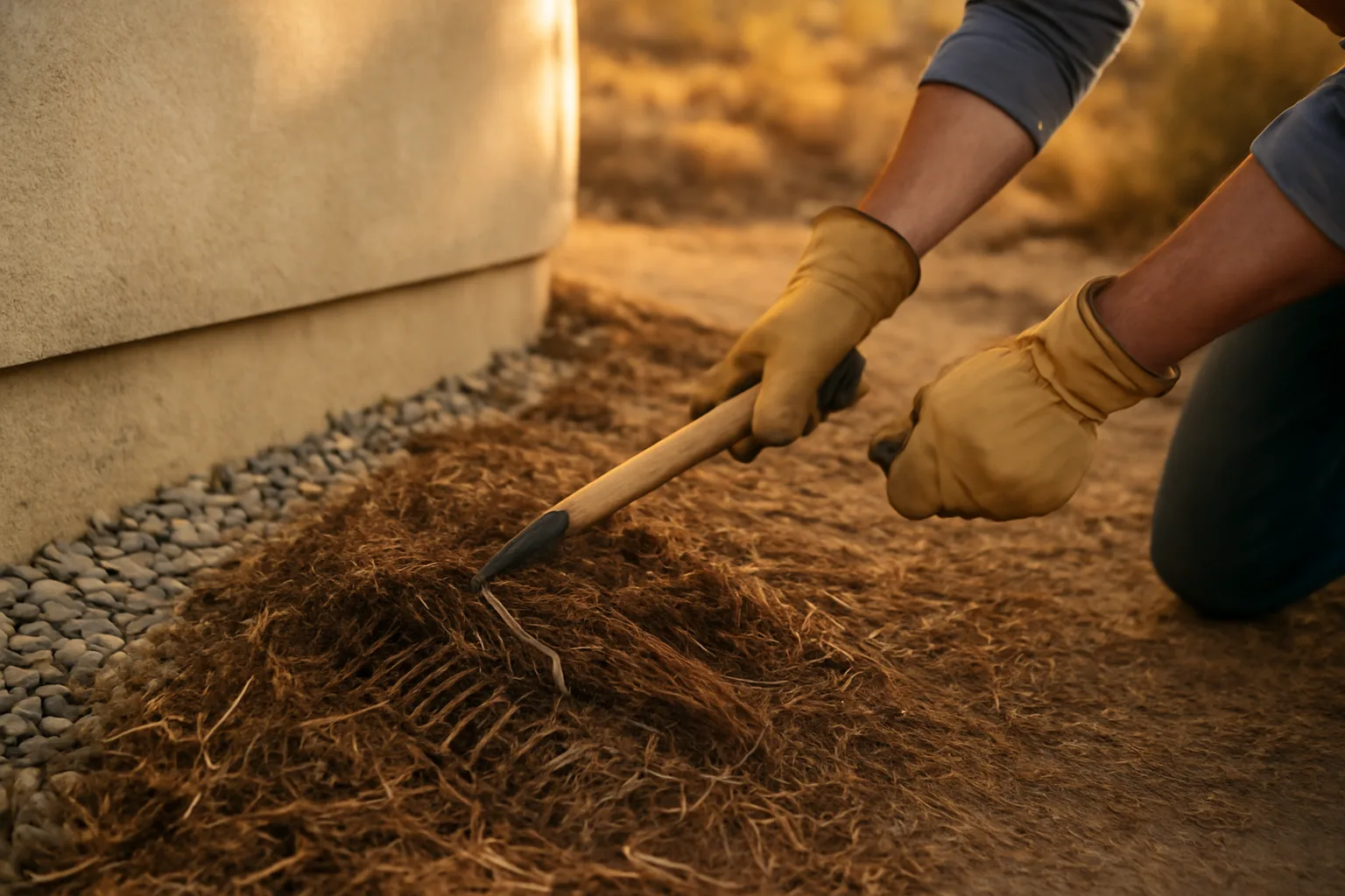 Homeowner clearing dry debris from the ground against a house to prevent fire