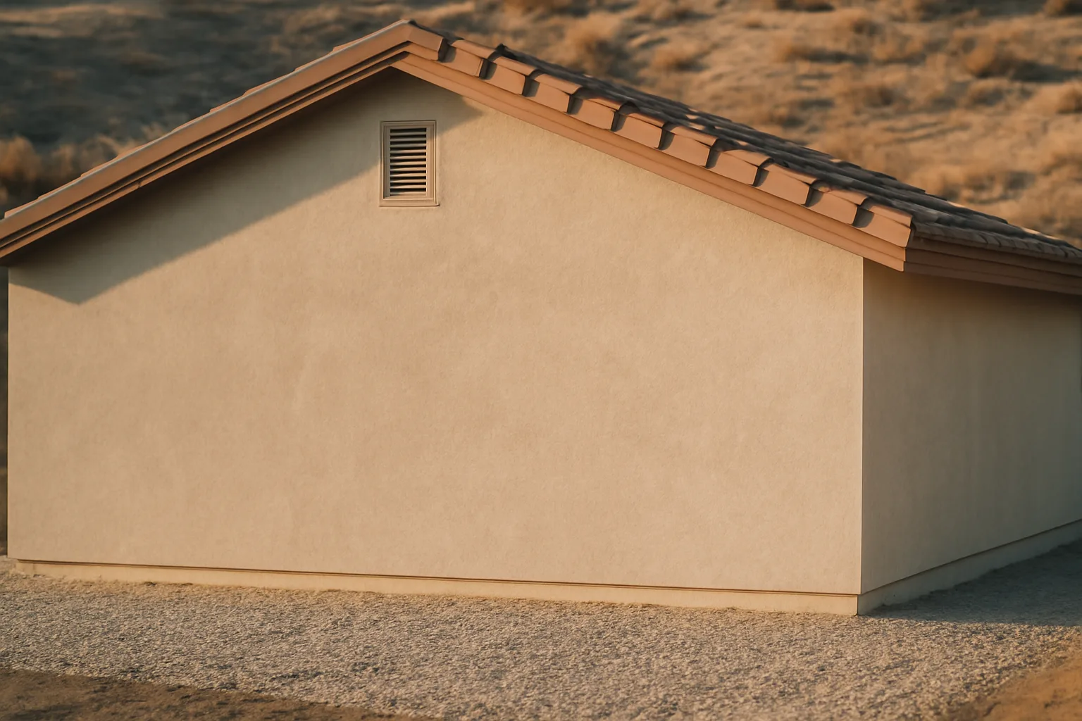 Fire resistant home with cleared gravel perimeter and screened vent against chaparral hillside
