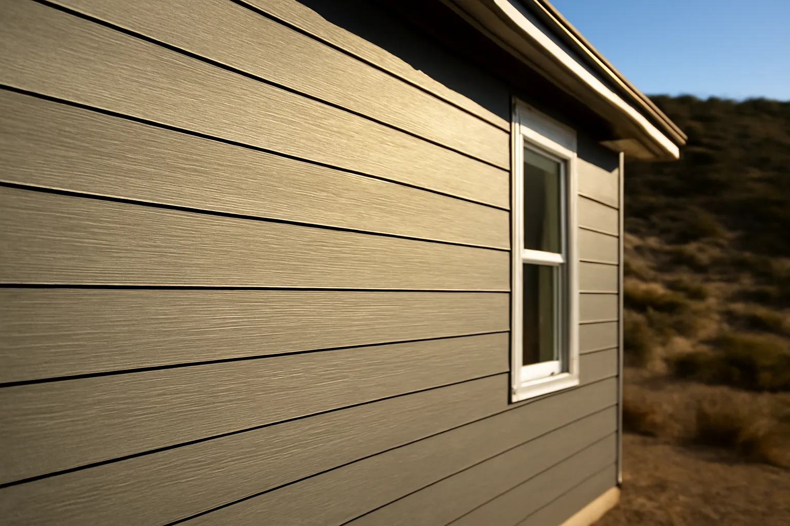 Fiber cement lap siding installed on a home exterior near dry hillside vegetation