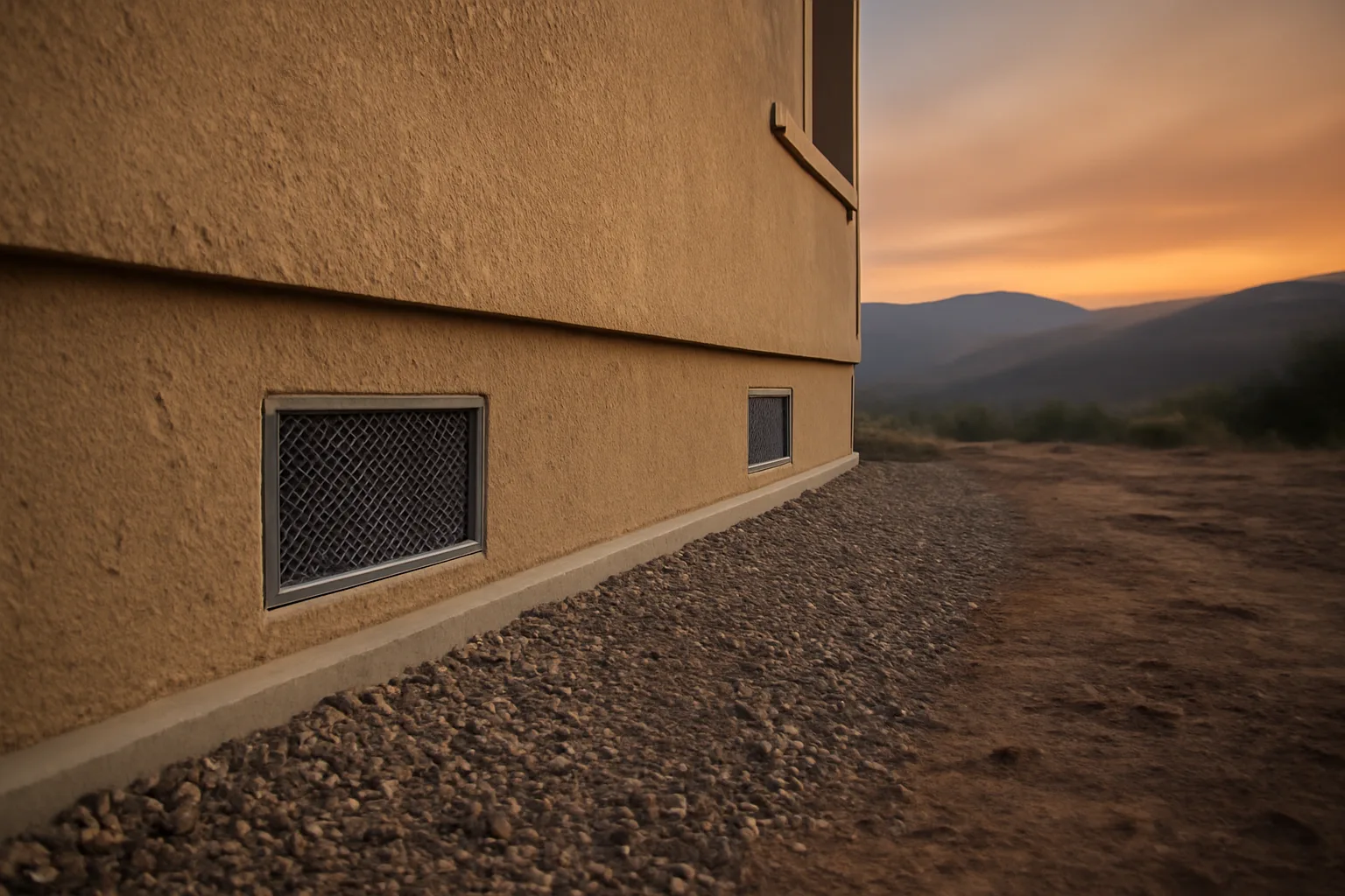 Home foundation with cleared gravel buffer and ember-resistant vent mesh near wildland hills
