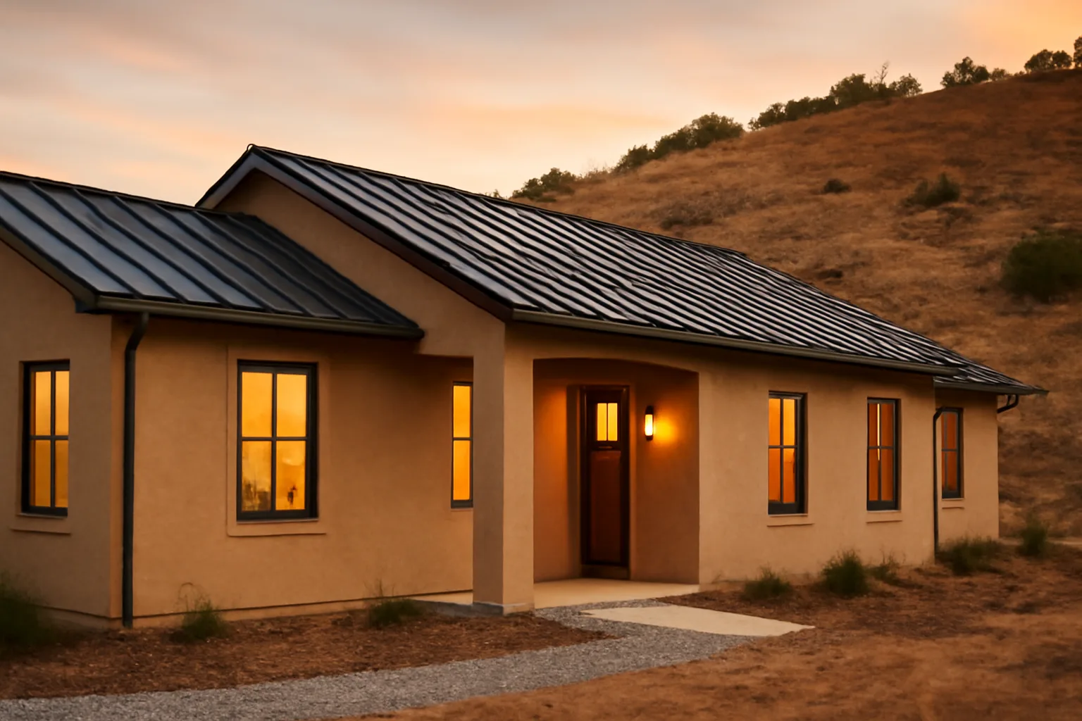 Fire-resistant home with metal roof and gravel foundation border near cleared hillside brush