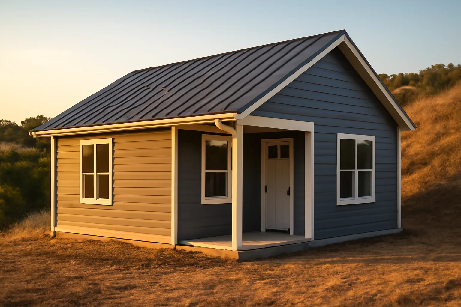 Home with fiber cement siding and metal roof surrounded by cleared defensible space