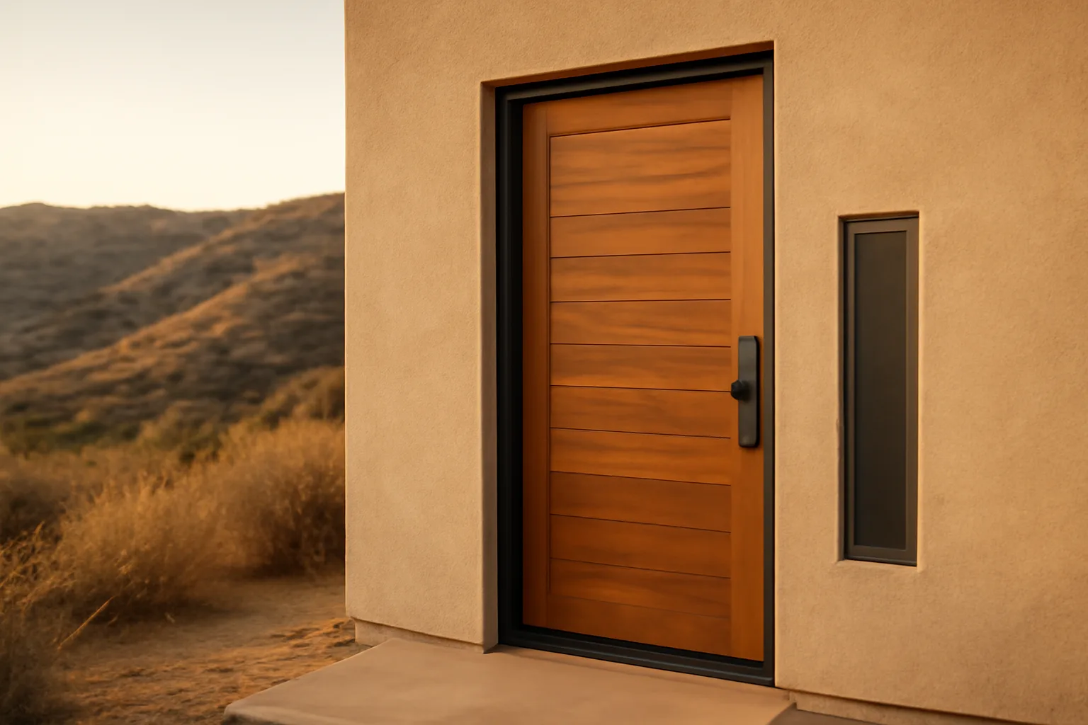Fire resistant front door on a house with dry hillside vegetation in the background