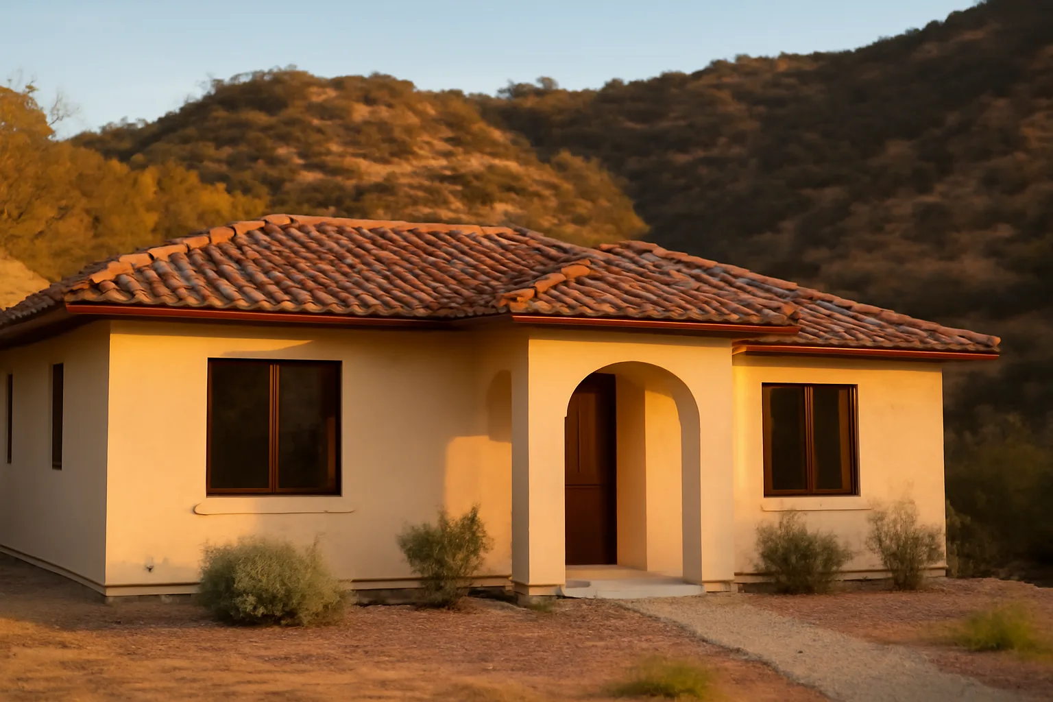 Fire resistant home in Los Angeles hillside with tile roof and gravel perimeter zone