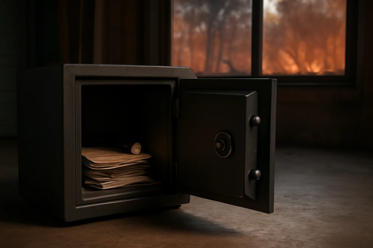 Open steel fire resistant locker in a garage with wildfire smoke haze visible through a window