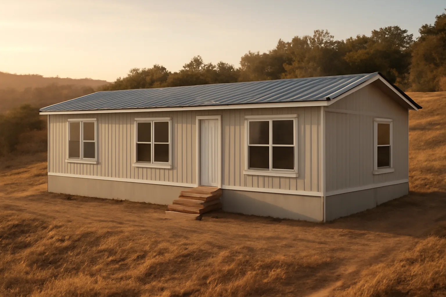 Fire resistant manufactured home with metal roof and cleared defensible space on hillside