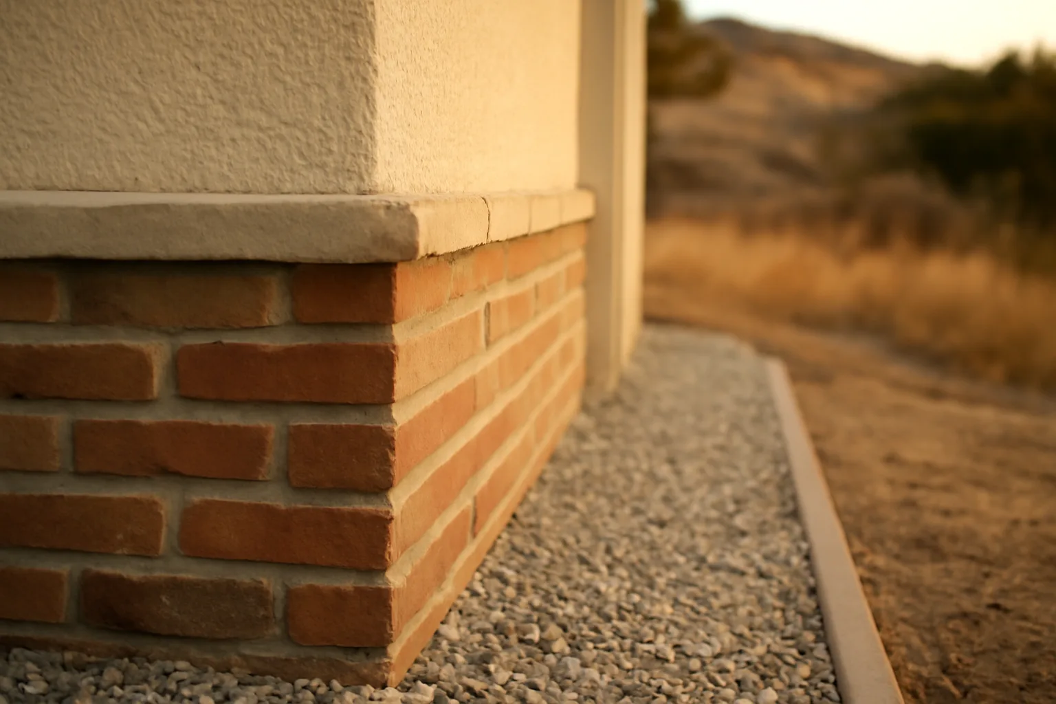 Brick veneer wall with repaired mortar joint above a cleared gravel defensible space zone