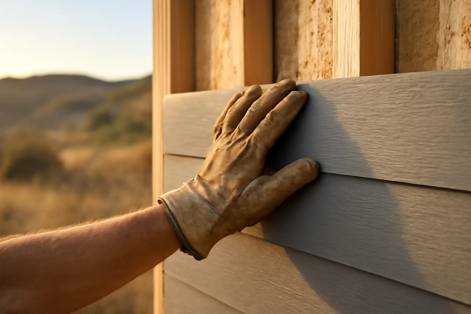 Contractor installing fire resistant cement fiber siding panel on a house exterior
