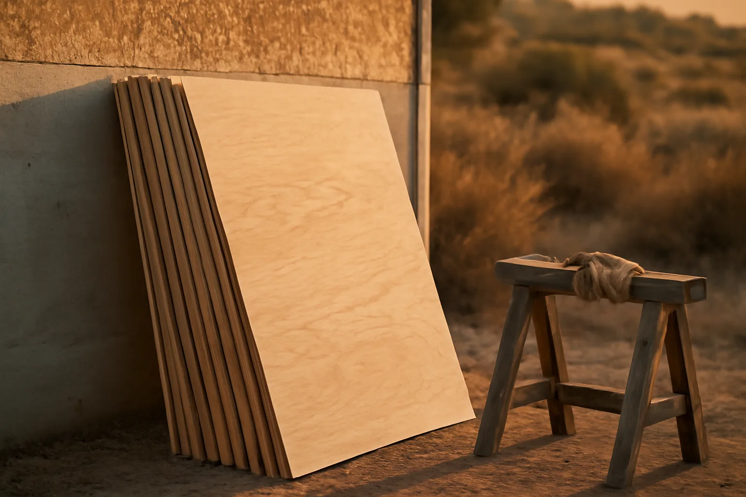 Stack of plywood sheets against a partially sided home near dry wildfire-prone hillside brush