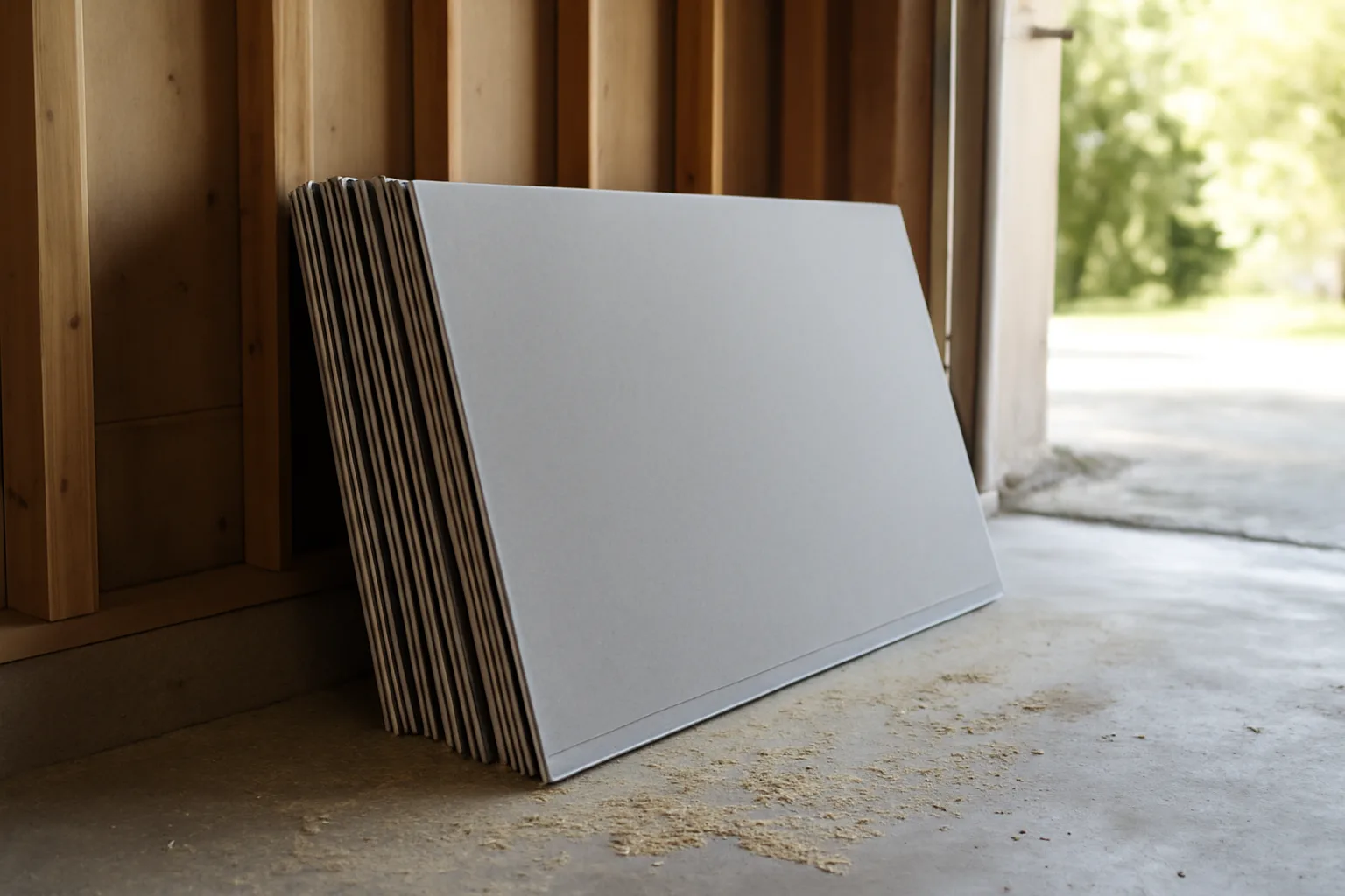 Stack of fire-resistant drywall sheets against an unfinished garage wall