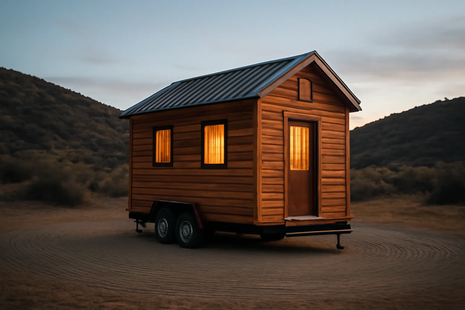 Fire resistant tiny home on gravel pad with metal skirting near wildland hillside