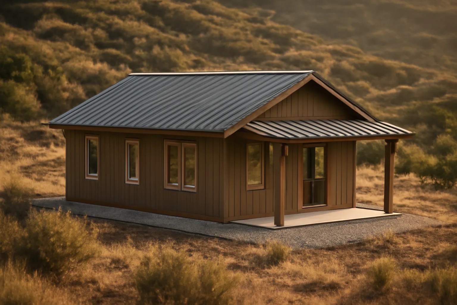 Hillside home with metal roof and cleared gravel perimeter near dry wildland brush
