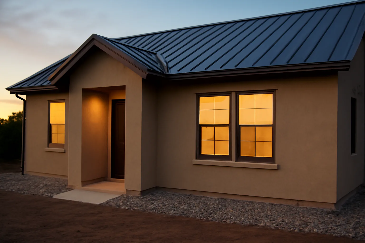 House with metal roof and gravel foundation zone demonstrating fireproof cover concepts