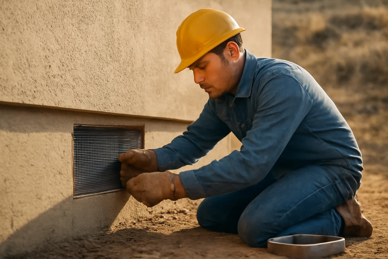 worker installing ember-resistant metal vent screen during a home fireproofing installation