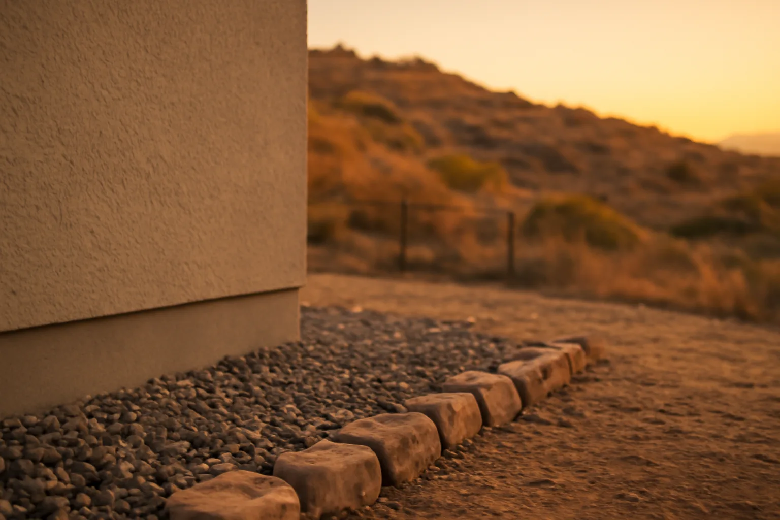 Cleared gravel zone around a home's foundation with dry hillside brush in the background