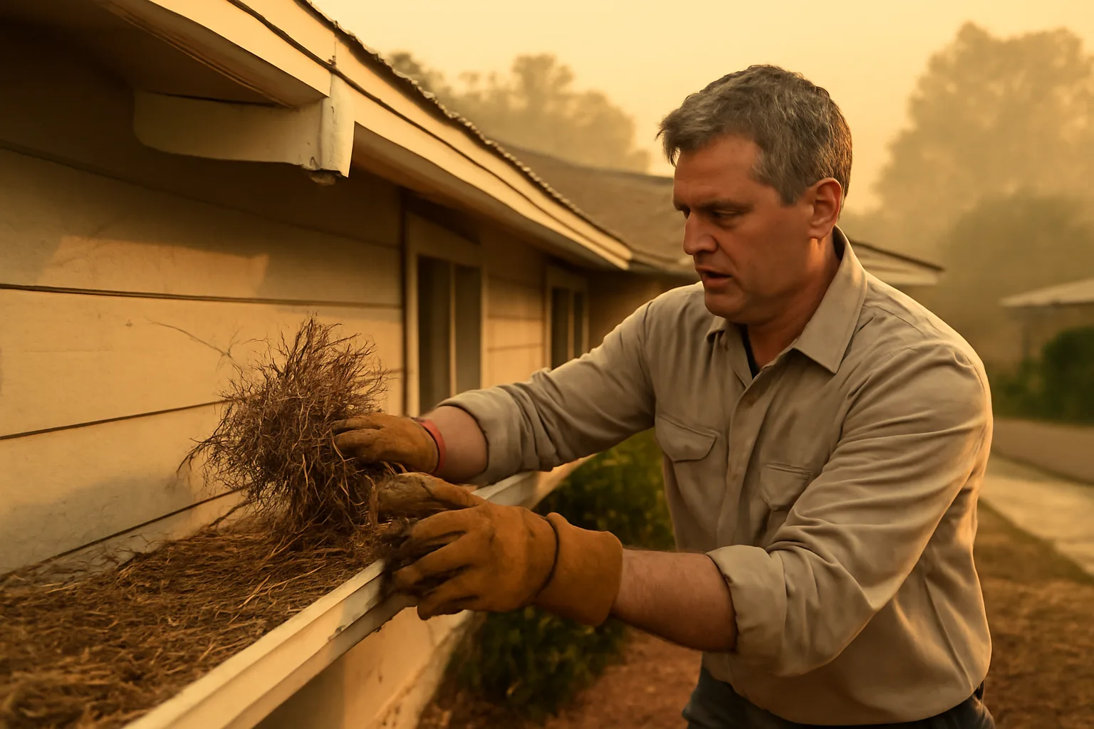Homeowner clearing dry brush near foundation with wildfire haze in distant sky